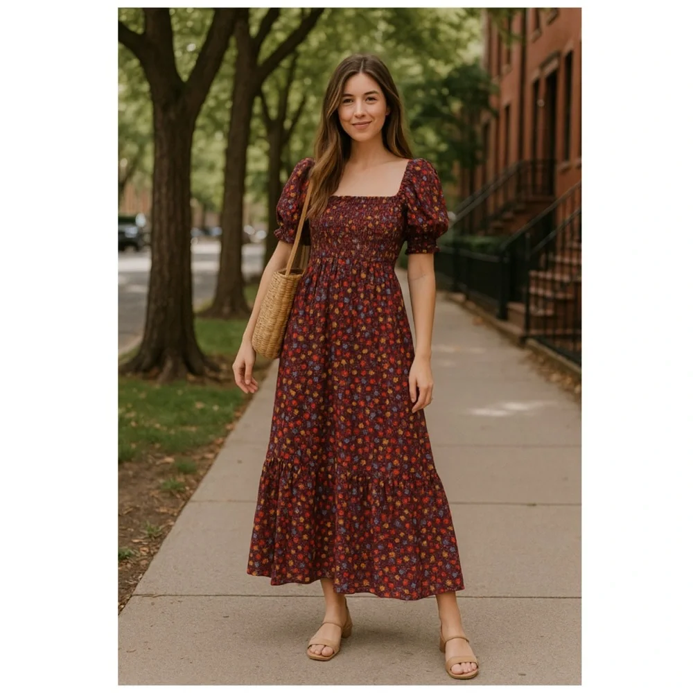 ASOS Burgundy Floral Smocked Puff Sleeve Maxi Dress Sundress Size US 16 - Picture 2 of 10